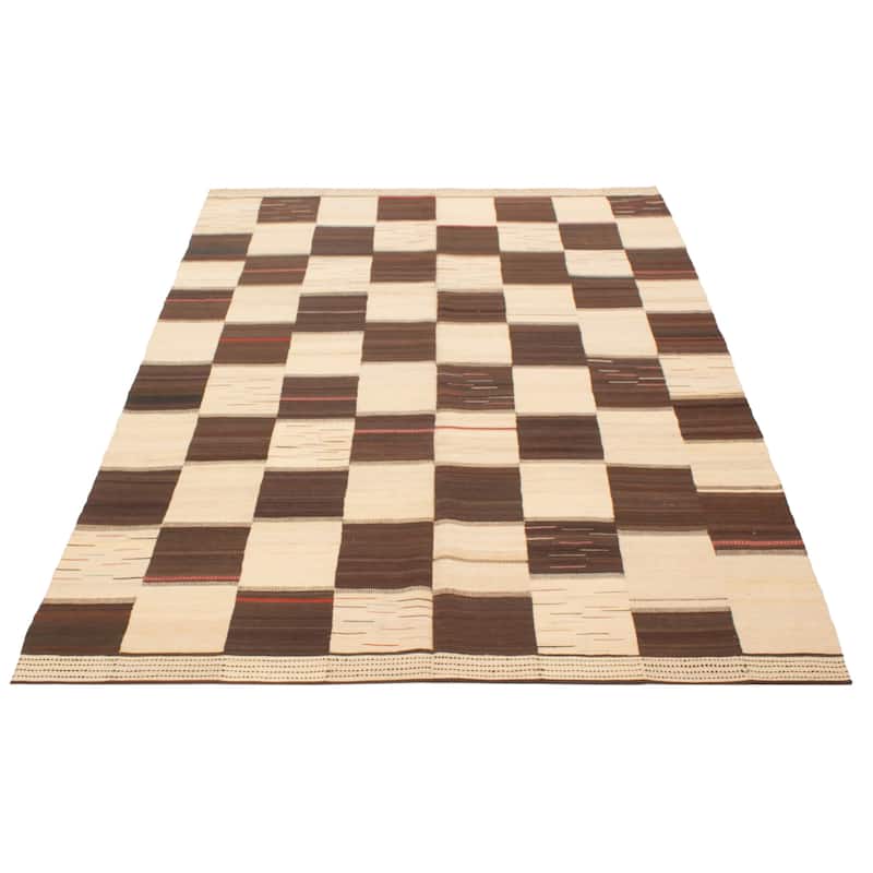 ECARPETGALLERY Flat-Weave Boho Cream, Brown Wool Kilim - 7'3 x 10'4