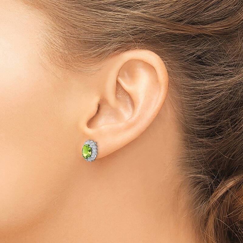 Curata 925 Sterling Silver Polished Rhodium Peridot and Diamond Post Earrings - 12x10mm Wide