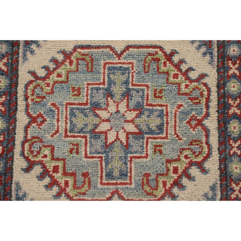 Geometric Kazak Runner Rug Handmade Beige Wool Carpet - 2'7" x 15'6"