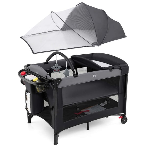 slide 2 of 7, 5-in-1 Baby Bedside Sleeper Portable Bedside Playard w/ Canopy