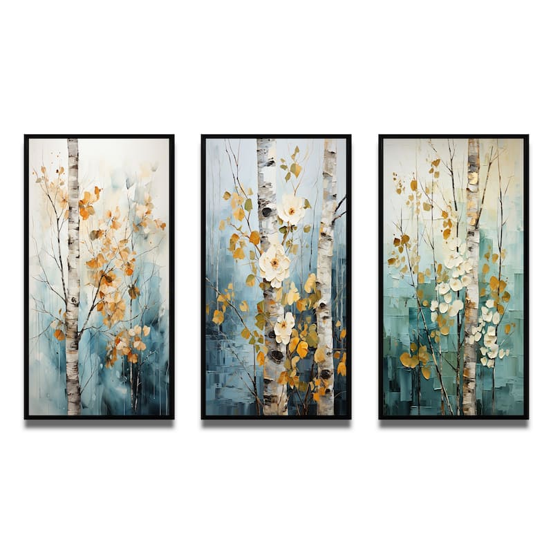 Designart "Birch Woods Whispering Winds VII" Floral Framed Wall Art Set Of 3 Frame Gallery Wall Set For Home Decor