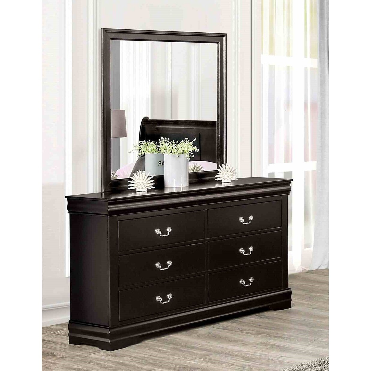 Wood Sleigh Design Bed, Nightstand, Dresser, Mirror, Black - Bed