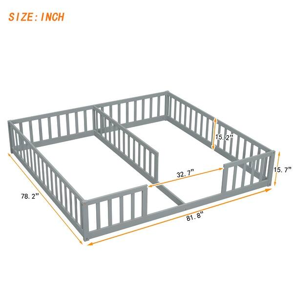 dimension image slide 2 of 3, Double Twin Size Pine Wood Floor Bed with Fence, Guardrails, without door