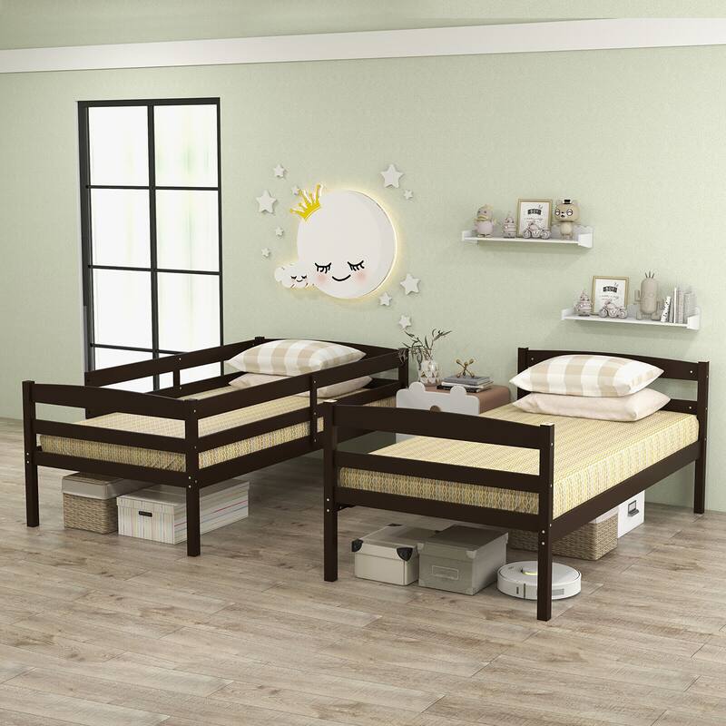 Gymax Twin Over Twin Bunk Bed Wooden Convertible Into 2 Beds High
