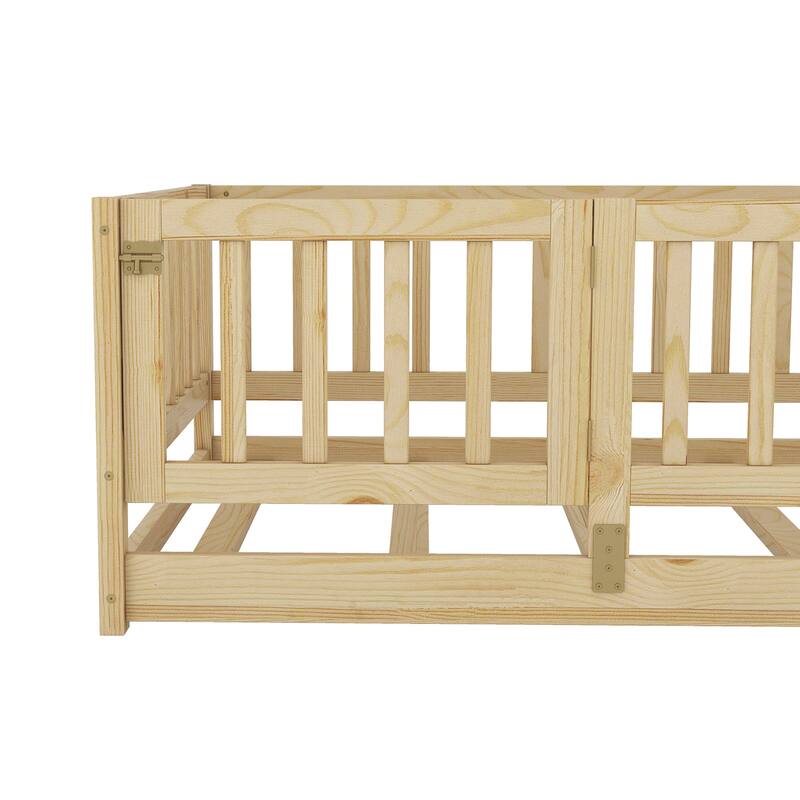 Twin Size Montessori Floor Bed with Fence, Door, and Slats for Kids, Natural Oak Finish