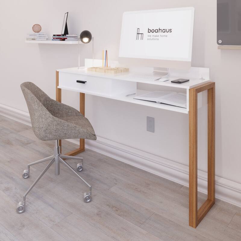 Modern Computer Desk with Drawer, Space-Saving, Shelf and Dual USB Charging Ports