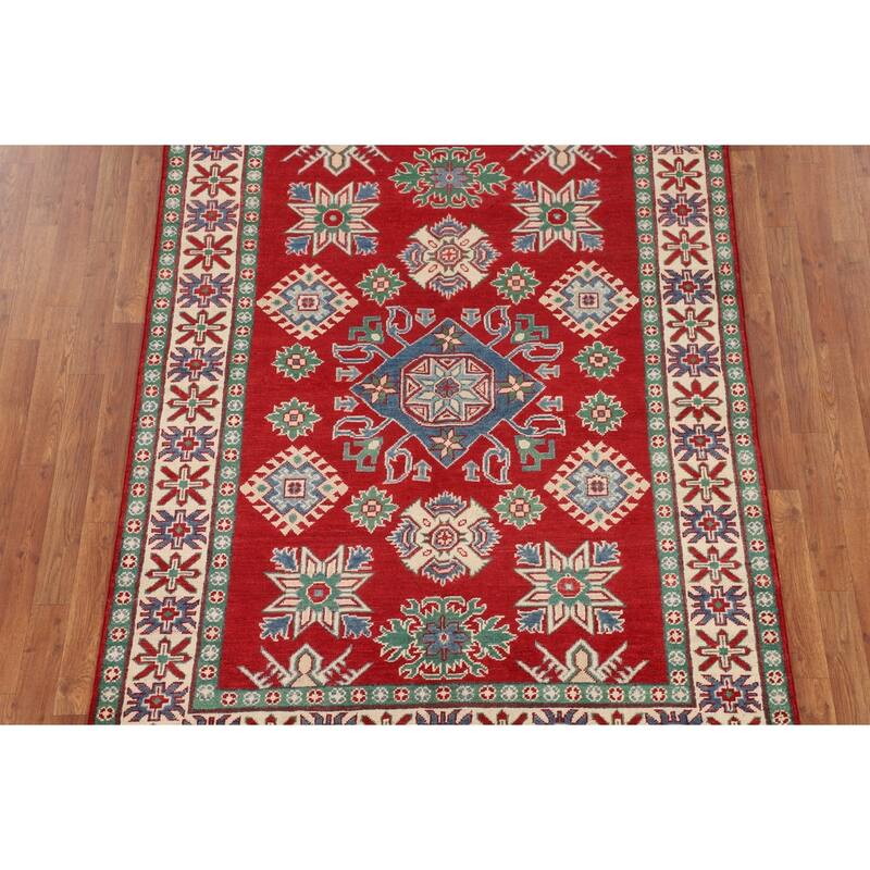 Red Kazak Oriental Area Rug Hand-Knotted Geometric Wool Carpet - 5'0" x 6'7"