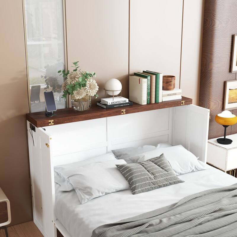 Murphy Bed Cabinet with Storage Drawer and Charging Station, USB Port