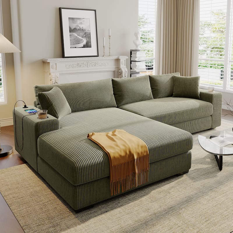 111.5" Corduroy Sectional Sofa Oversized 3 Seat L Shaped Sofa with 2 Built-in Cup Holders and Charging Ports