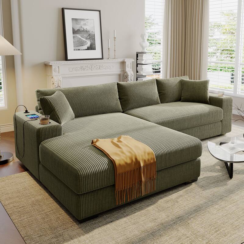 Deep Seat Sleeper Sofa Sectional Sofa Bed Built-in Cup Holders, Charging Ports