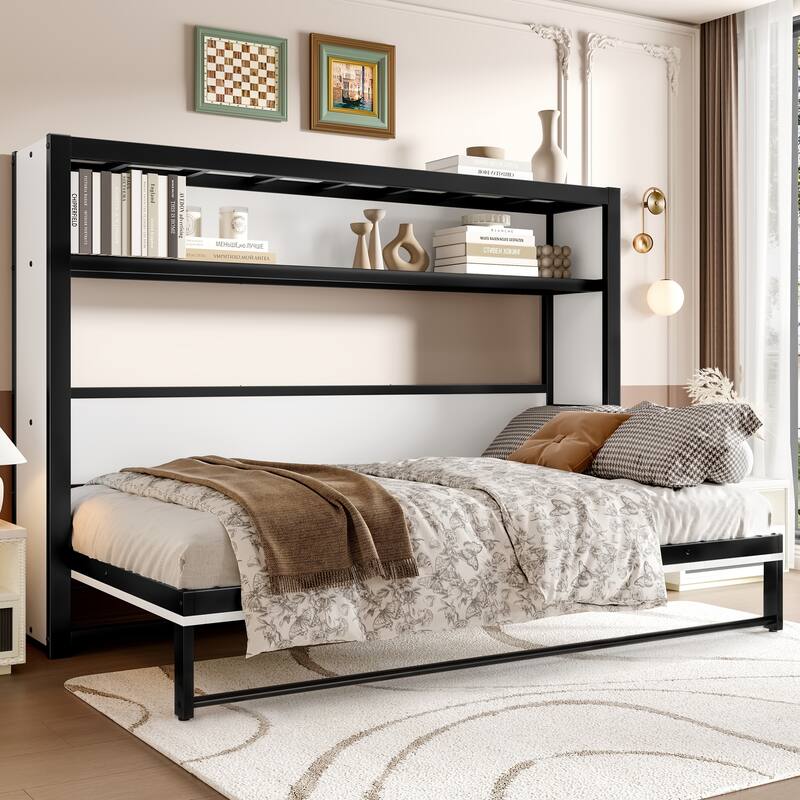 Twin Size MDF Murphy Bed with Built-in Shelves and Space Saving Wall Bed Design (500lb Capacity) - Off White