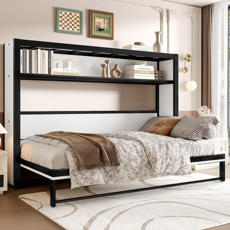 Twin Size Murphy Bed With Shelves,Metal Wall Bed With Foldable And Space-Saving Design - Off White
