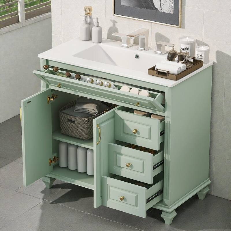 36" Green Bathroom Vanity with Sink, Solid Wood Cabinet, Flip Drawer, 3 Drawers & 2 Doors, Gold Handles, Modern Storage