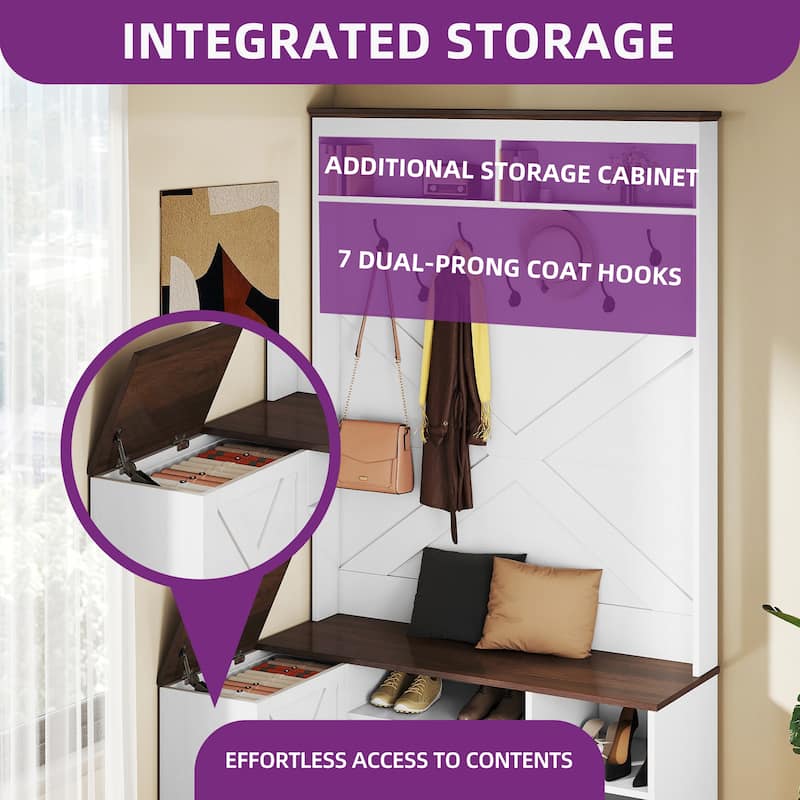 Moasis Corner Hall Tree and Coat Rack Organizer with Shoes Cabinet Seat Bench