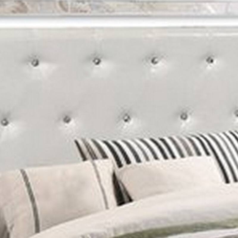 Eli Modern Wood Queen Bed, Crystal Tufted Headboard LED, White Faux Leather
