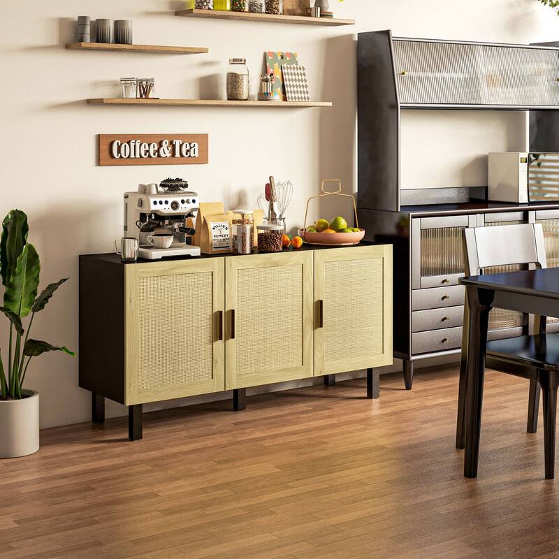 Rattan Woven Design Kitchen Storage Cabinet / Boho Buffet Sideboard - Black+Natural