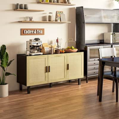 Rattan Woven Design Kitchen Storage Cabinet / Boho Buffet Sideboard