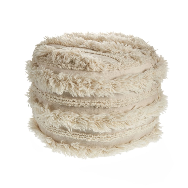 18 Inch Cotton Striped Pouf Ottoman for Living Room Seating and Footrest - Ivory
