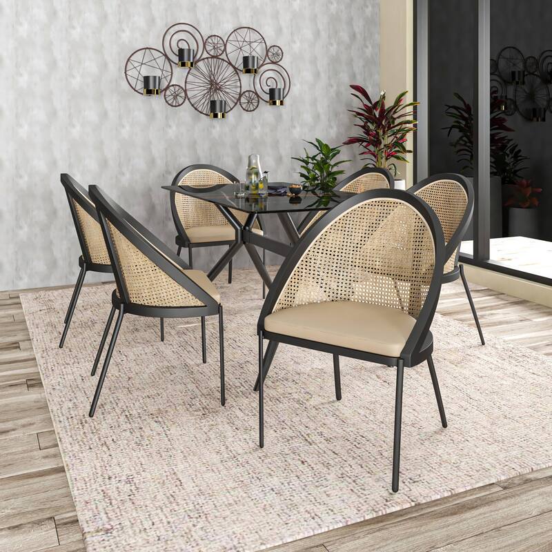 Urbane Modern Stylish Dining Chair with Vinyl Fabric Seat and Wicker Back for Dining Room & Kitchen, Set of 4