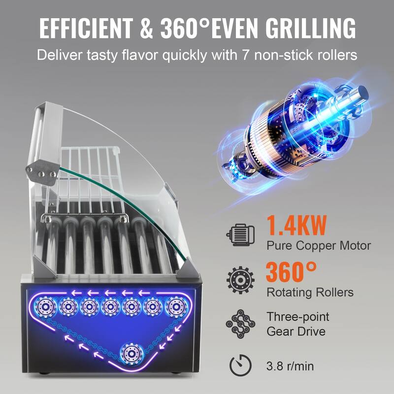 Hot Dog Roller Stainless Sausage Grill Cooker Machine with Dual Temp Control Glass Hood Acrylic Cover Bun Warmer