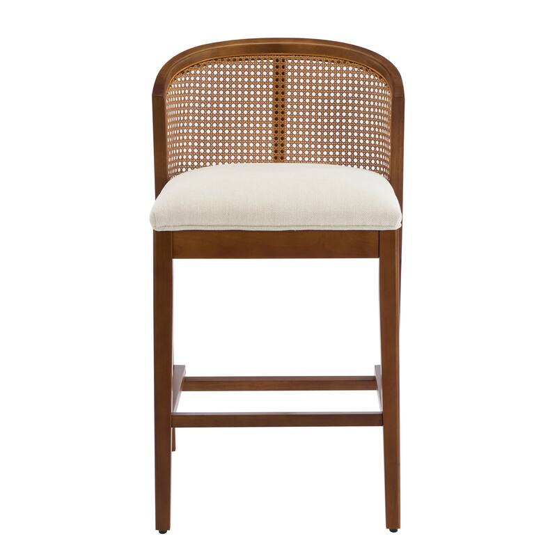 Roomfitters Tatti Indoor Wooden Counter Stools with Rattan Back and Beige Upholstery, Set of 2 - Set of 2