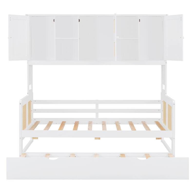 Twin Size Wooden Daybed with Twin Size Trundle, All-in-One Cabinet and Shelf, Modern Sofa Bed Frame w/ Wood Slat Support