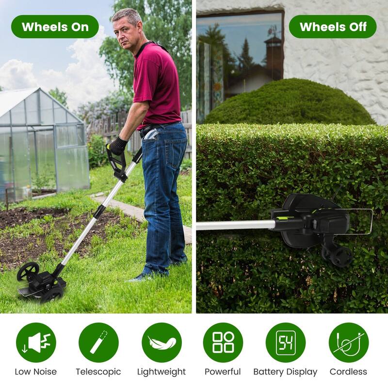21V Cordless Brushless Grass Trimmer with 3 Blade Types and Adjustable Pole Dual Wheels - 7.68” x 4.33”