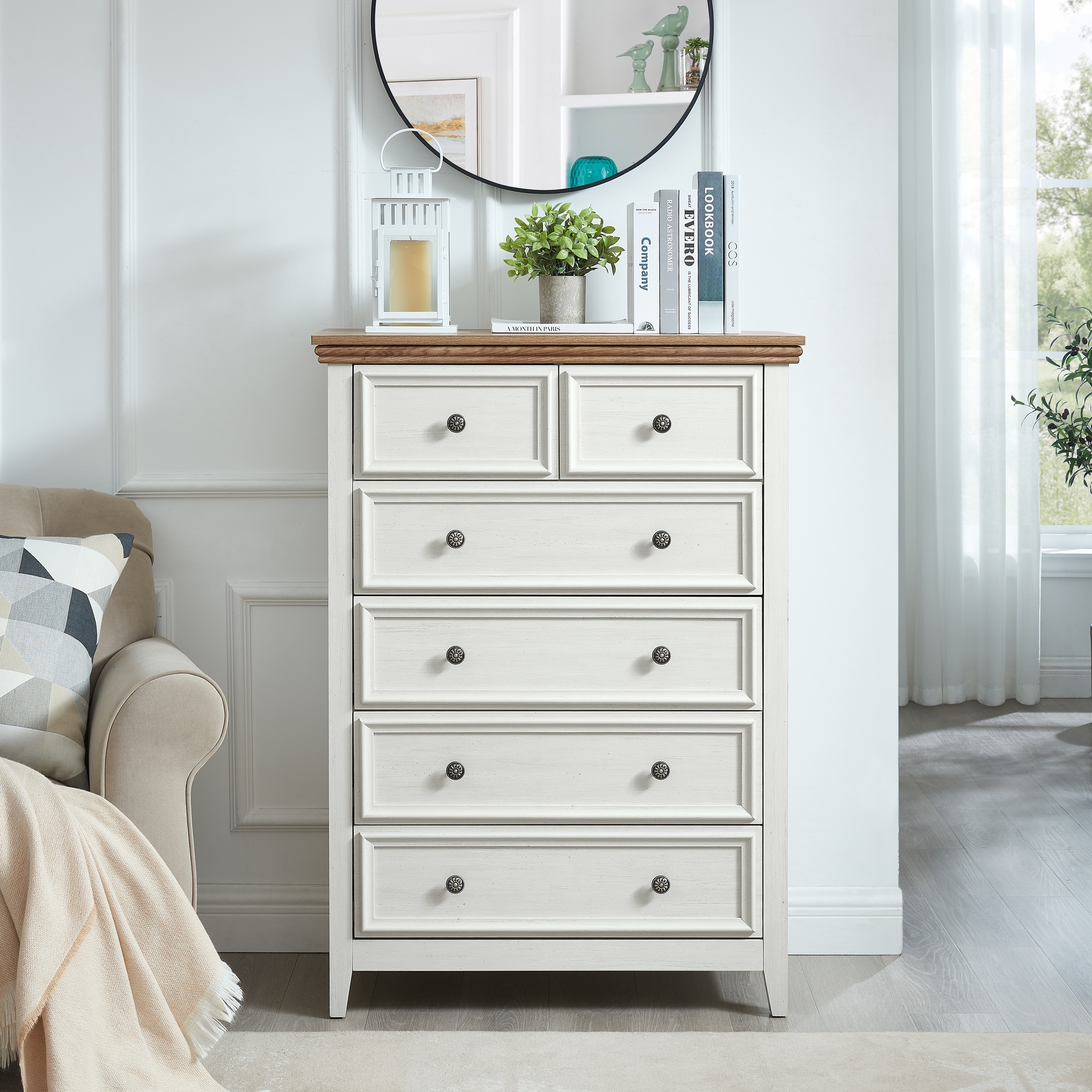 Chair Draw Rails MDF Six Drawer Bedroom Dresser with Metal Handles and Smooth Drawer ...