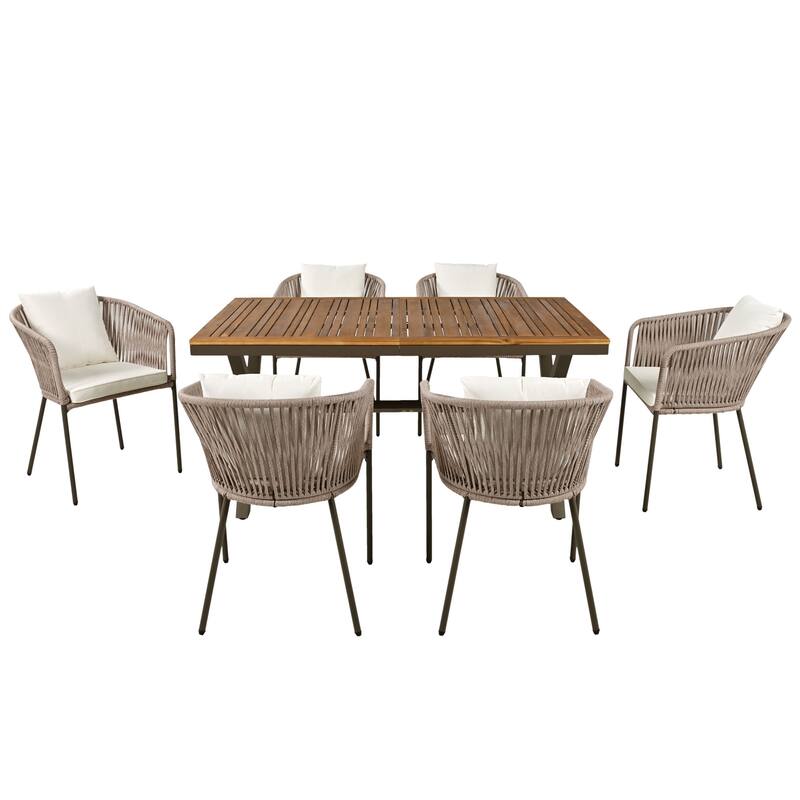 7-Piece Metal Patio Dining Set with Acacia Wood Tabletop & Cushioned Chairs