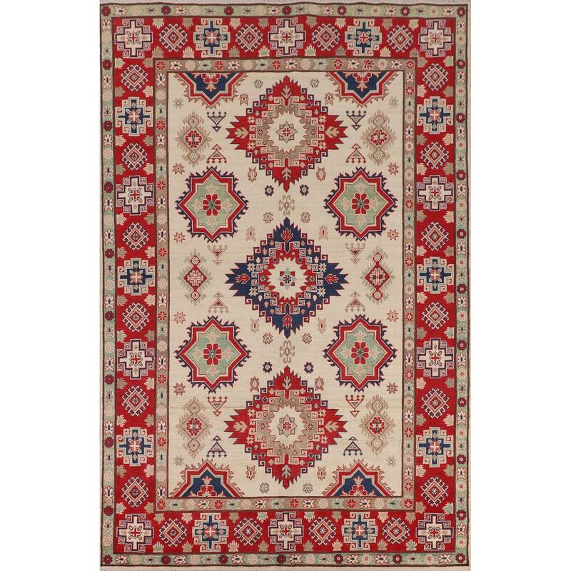 Ivory Kazak Oriental Area Rug Hand-Knotted Wool Carpet - 6'7" x 9'8"