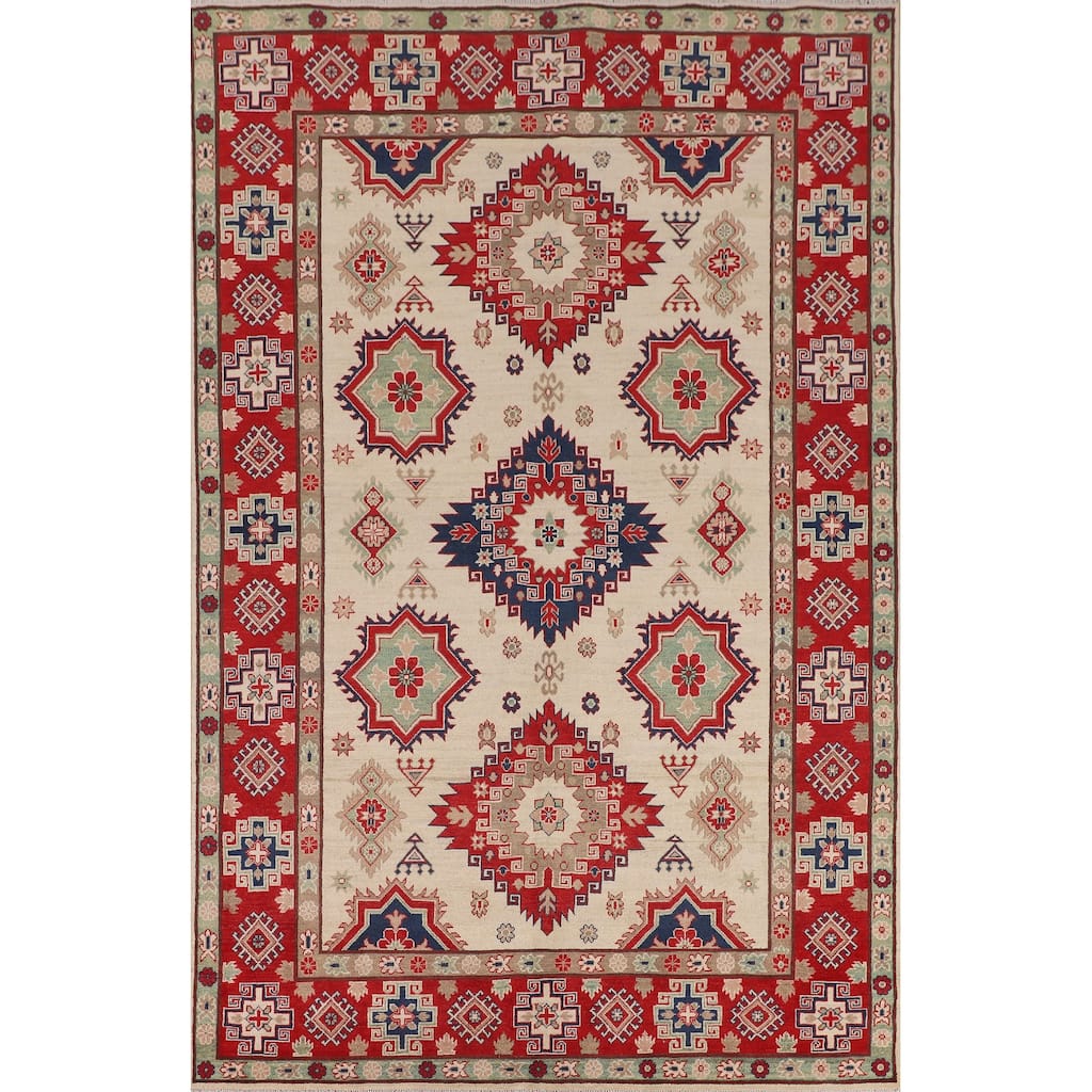 Ivory Kazak Oriental Area Rug Hand-Knotted Wool Carpet - 6'7" x 9'8"