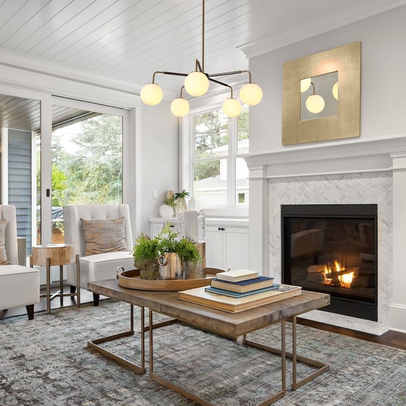 Aladari Mid-Century Modern Gold 5-Light Chandelier with Opal Orb Glass Shade - Brushed Black Nickel - D30.7" * H9.5"