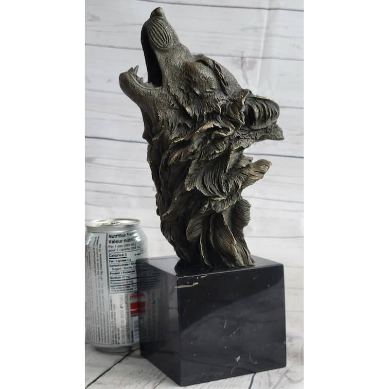 Holwing Wolf Head Bust Bronze Metal Statue Sculpture Figure On Marble Base Signed 12.5 Inches X 7 Inches