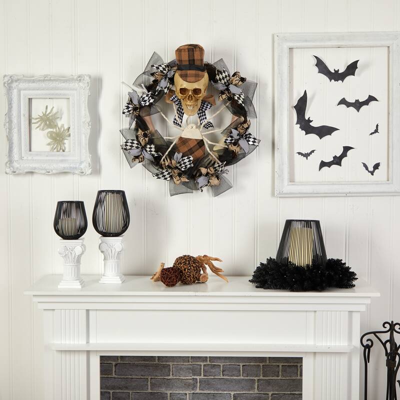 Skull in Plaid Mesh Artificial Halloween Wreath, 24-Inch, Unlit