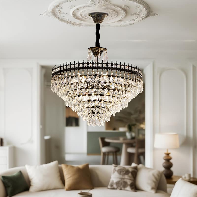 30/60CM Round Crystal Light Fixture with 3 Color Black Gold Crown Design Chandelier for Entryway, Living Room, Bedroom - 60L