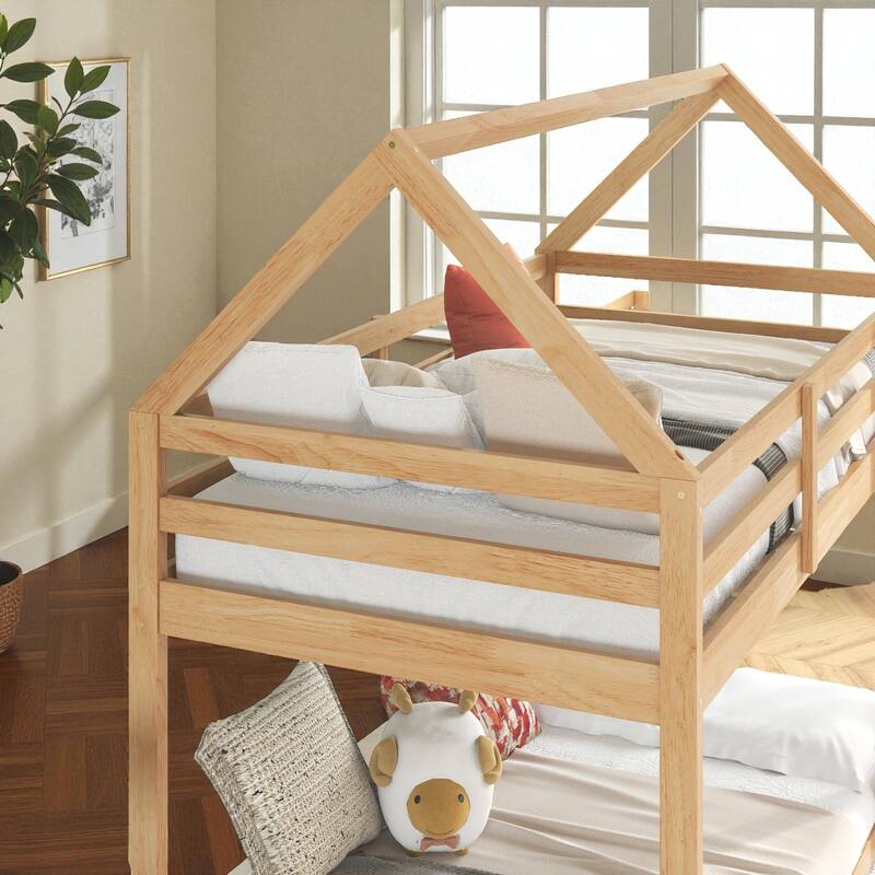 Twin Over Twin Floor Bunk Bed with House Roof Design, Rubber Wood Frame, Ladder and Guardrails for Kids Bedroom