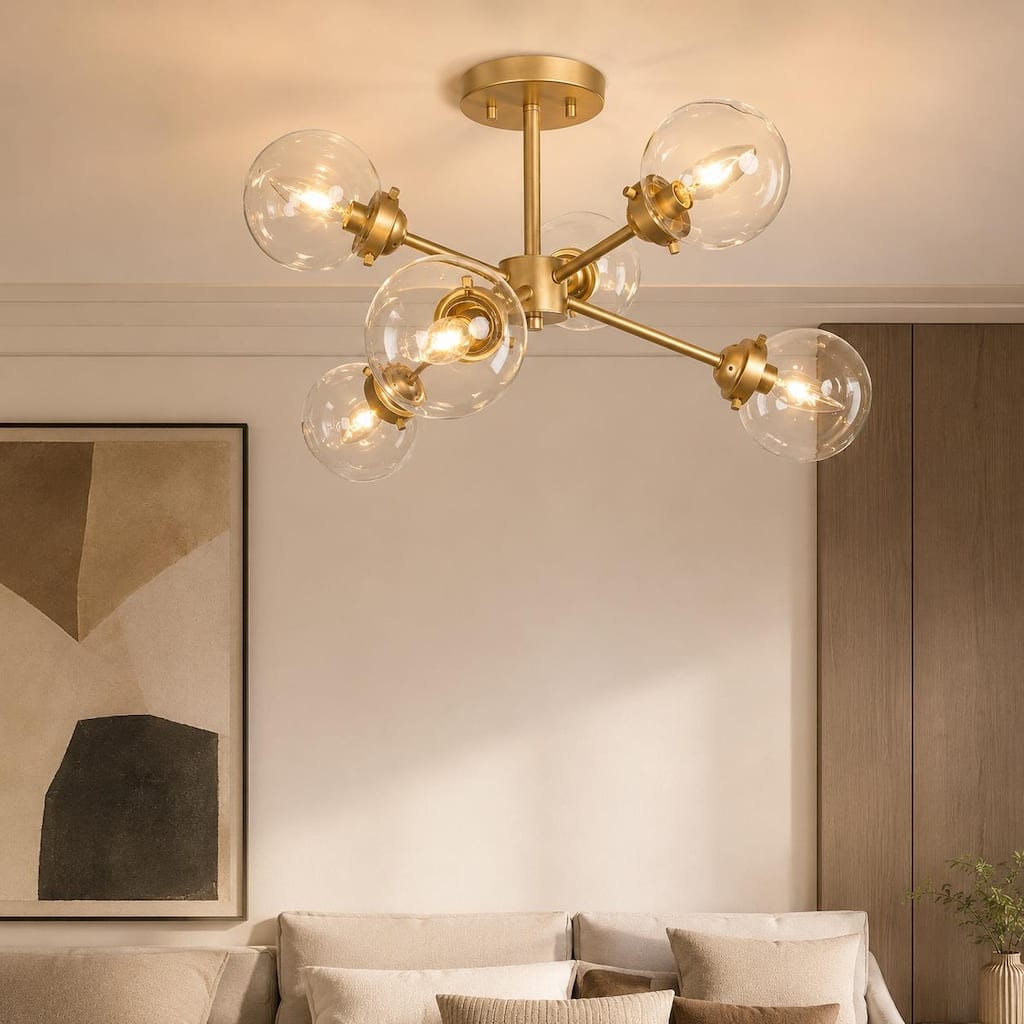 Bela Modern Gold 6-Light Chandelier Sputnik Semi-Flush Mount Ceiling Light