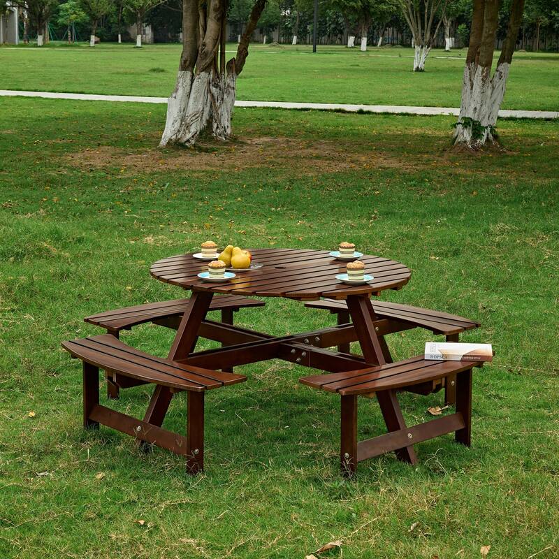 Outdoor 8 Person Picnic Table with a umbrella Hole,4 built-in benches