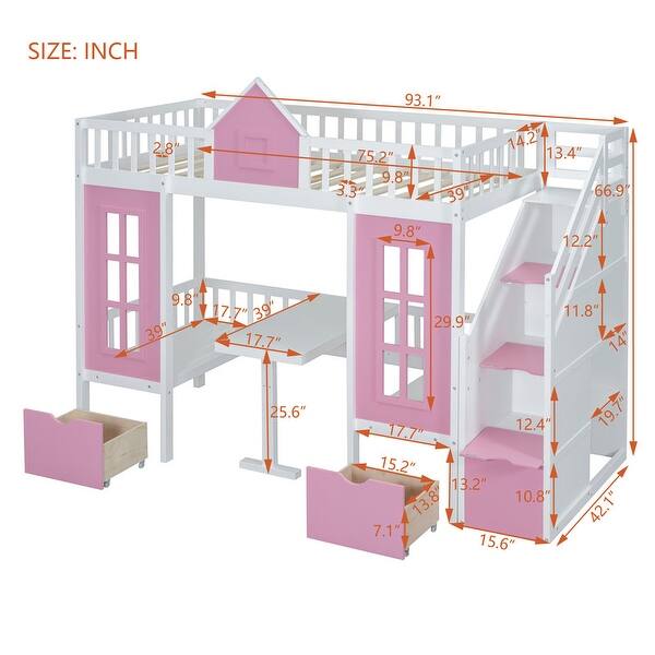 dimension image slide 0 of 2, Twin-Over-Twin Bunk Bed with Changeable Table, Bunk Bed Turn into Upper Bed and Down Desk