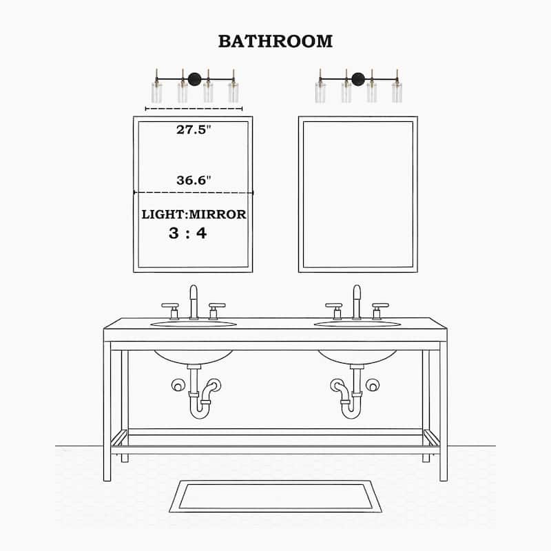 Alva Modern 4-Light Black Gold Bathroom Vanity Lights Cylinder Glass Wall Lamp - 27.5" L x 6" W x 11" H