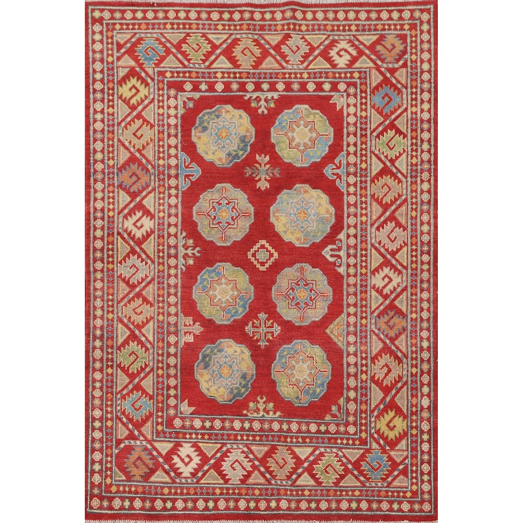 Geometric Kazak Area Rug Hand-Knotted Traditional Wool Carpet - 4'2" x 6'4"