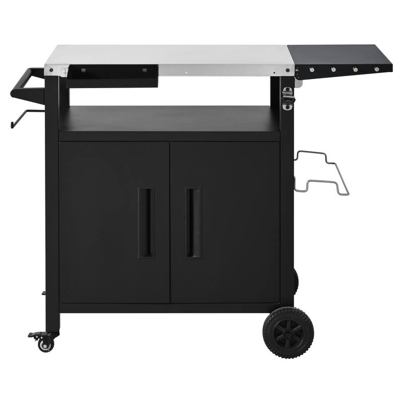 Outdoor Kitchen Island Grill Cart with Pizza Oven Table, Stainless Steel Top & Waterproof Cover