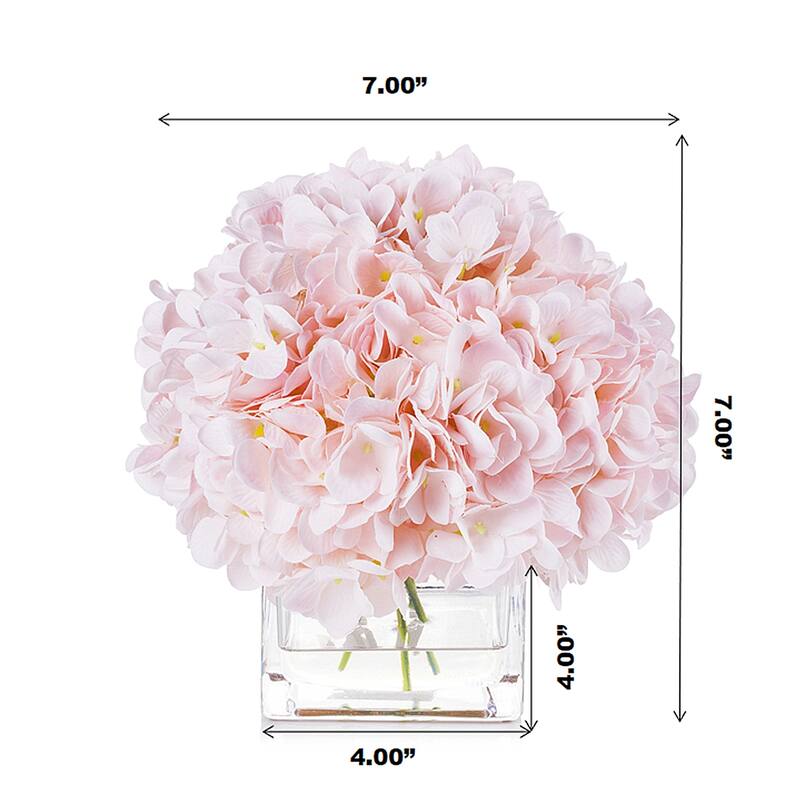 Enova Home Artificial Silk Hydrangea Fake Flowers Arrangement in Cube Glass Vase with Faux Water for Home Office Decoration
