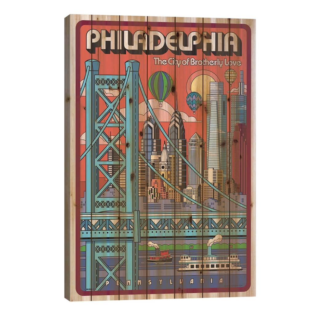 Philadelphia Pop Art Travel Poster Print On Wood by Jim Zahniser - Multi-Color