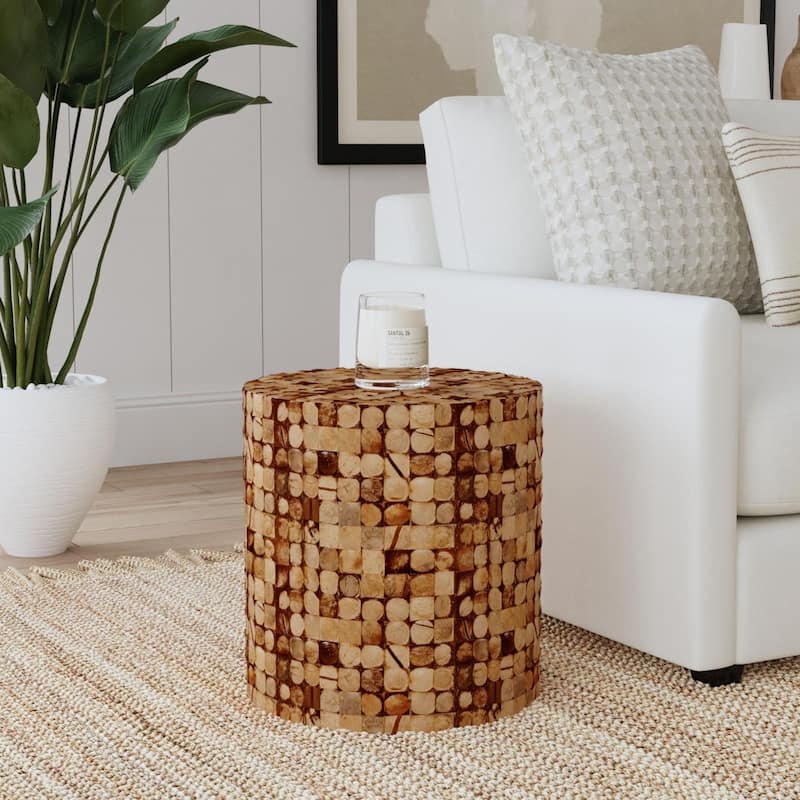 Round Coconut Shell Mosaic Accent Table by East at Main - Brown