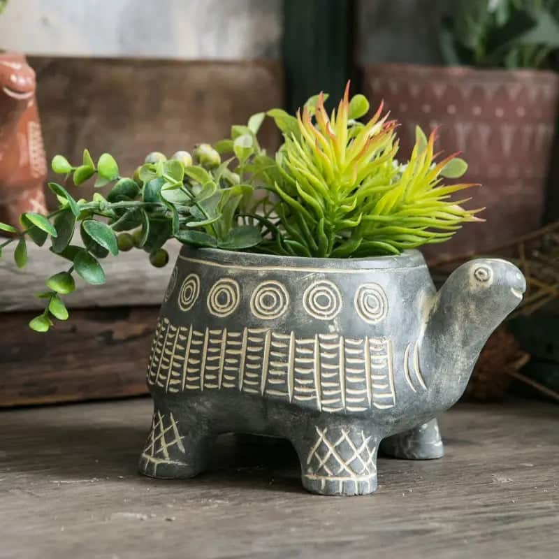 Cement Cyan Turtle Planter - Large