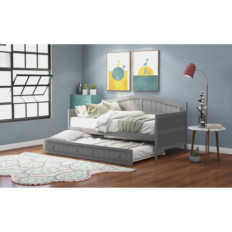 Twin Wooden Daybed with Trundle Bed, Sofa Bed for Bedroom and Living Room, Gray