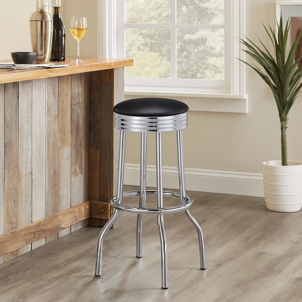 30 Inch Round Bar Stool, Set of 2, Ribbed Apron Base, Chrome, Black