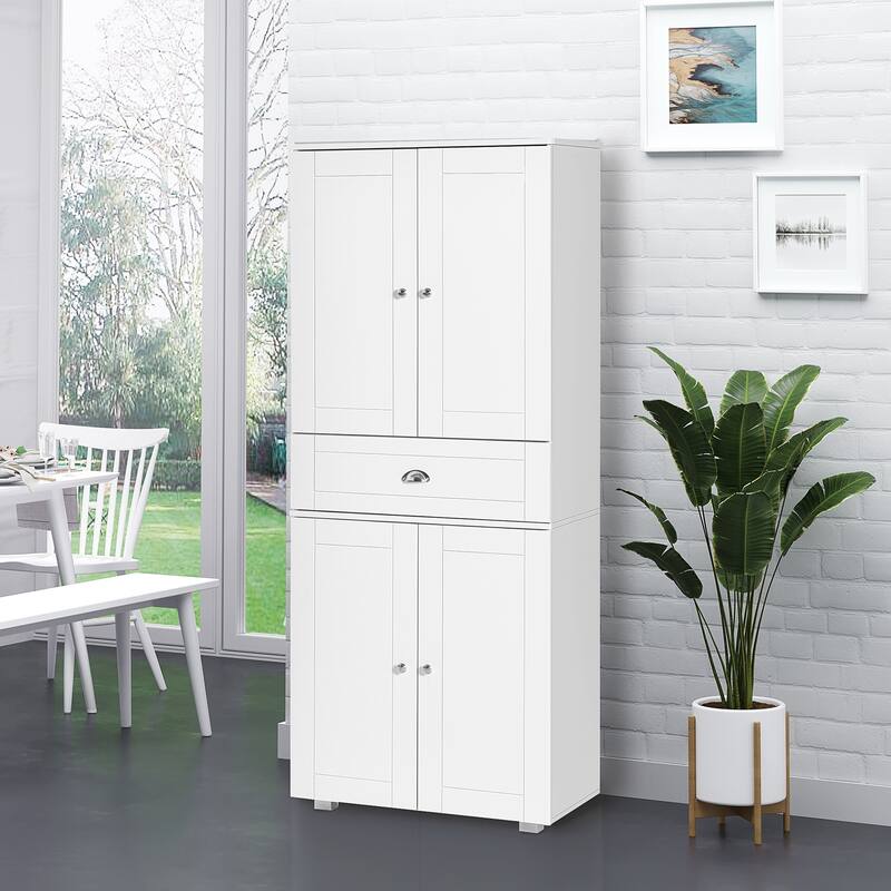 72" Freestanding Kitchen Pantry Cabinet with 2 Large Double Door Cabinets and 1 Center Drawer, White - White