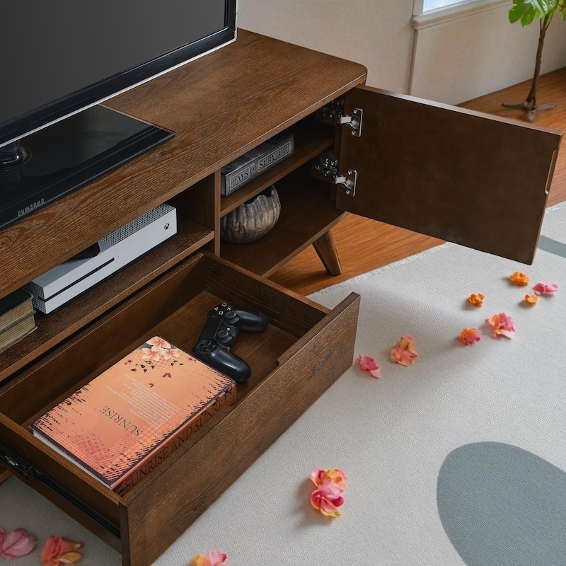 Mid-Century Modern Fluted TV Stand for 65 Inch TV, Farmhouse Wood Media Console with Drawer & Solid Wood Legs